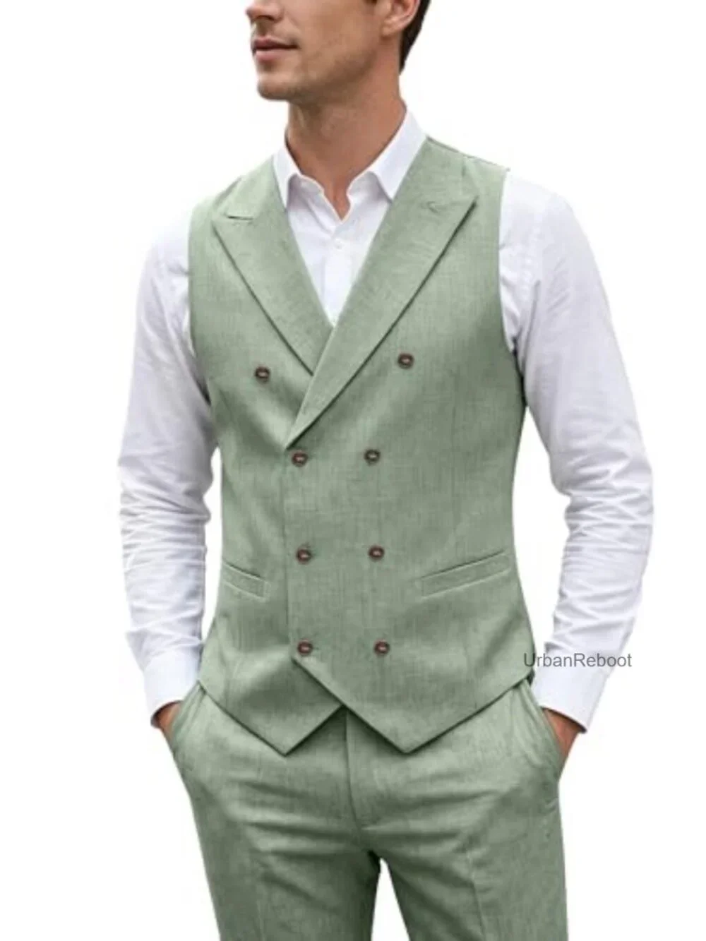 Men's Linen Suit 2 Piece Lightweight Vest & Pants Slim Fit Peak Lapel Wedding